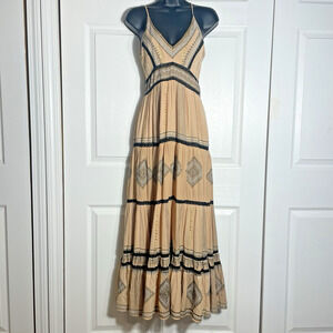 Anthropologie Dress Women 0 Tan Robin Embroidered Maxi Lace Boho Tiered‎ V Neck